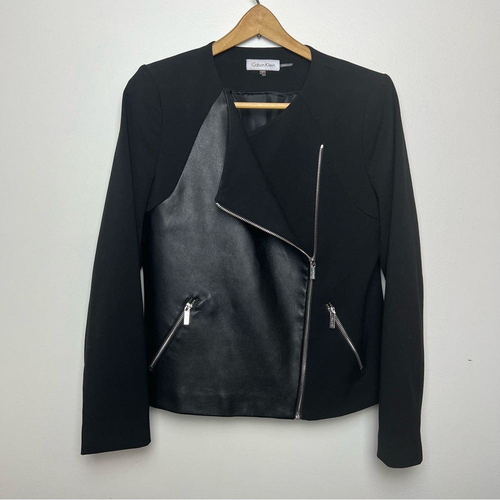 Calvin Klein Black Faux Leather and Fabric Women's Moto‎ Cross Zip Up Jacket